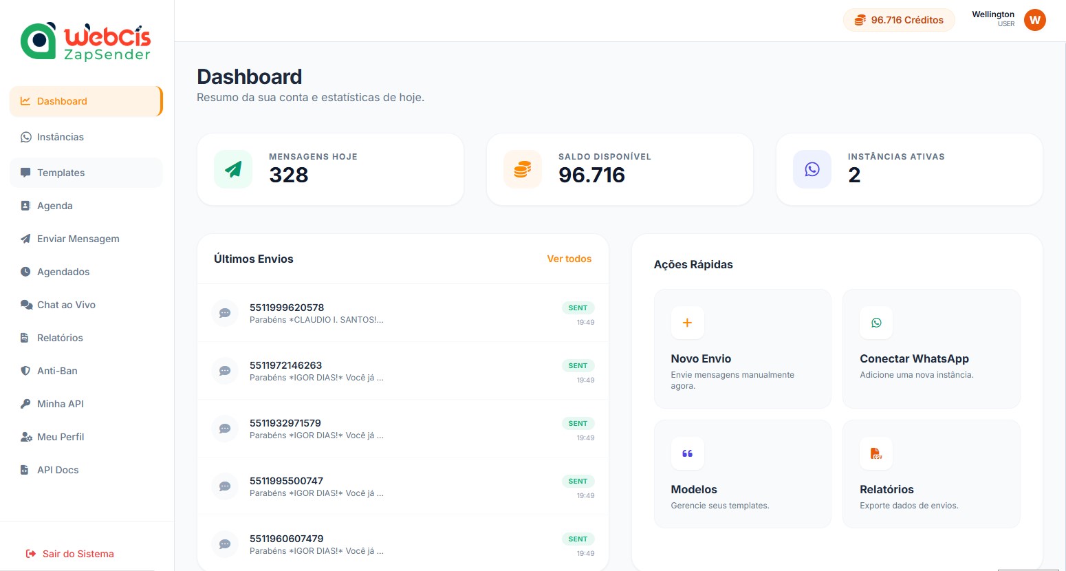 Visão geral do painel WebCis ZapSender