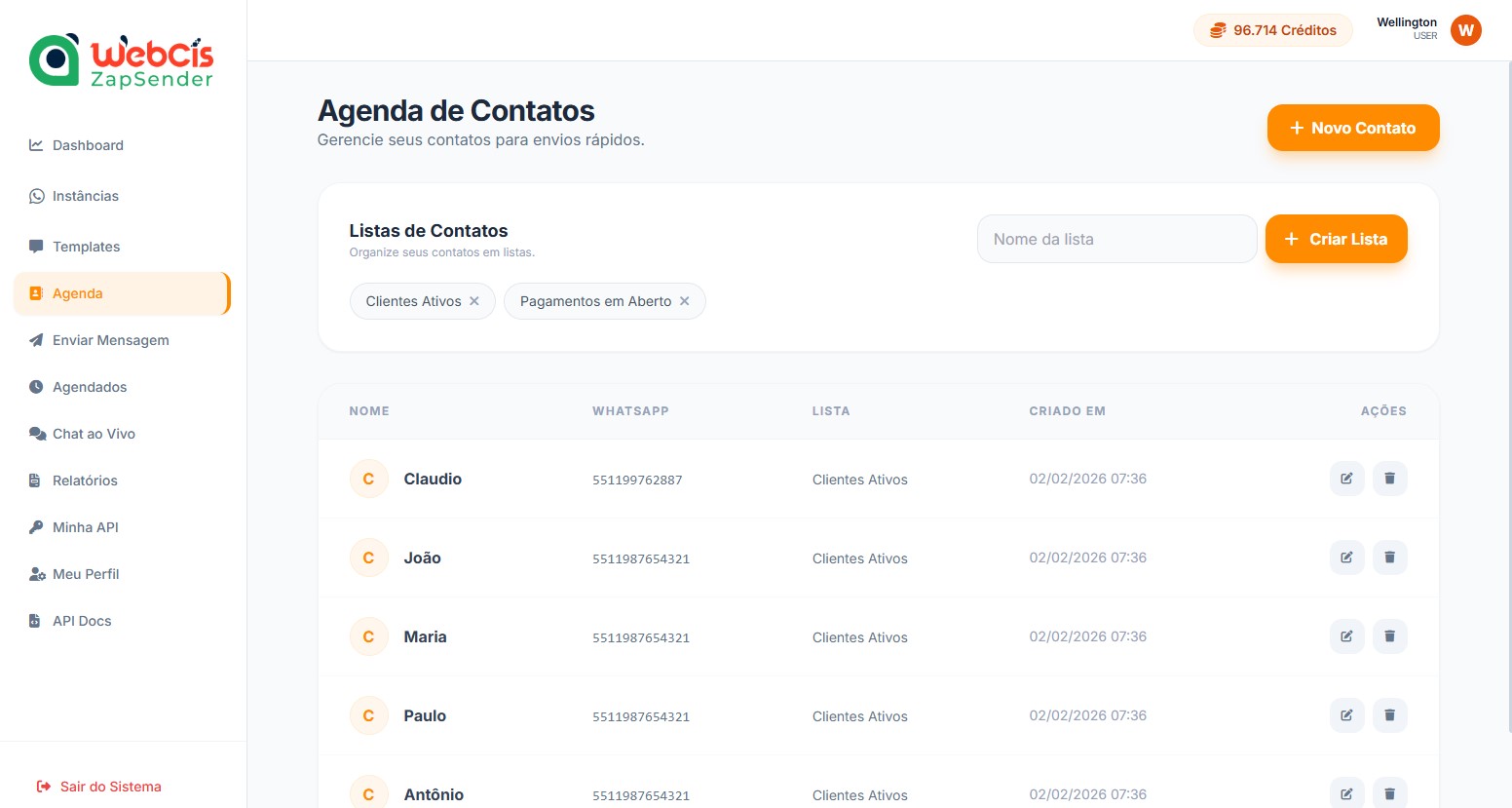 Agenda de contatos e listas personalizadas