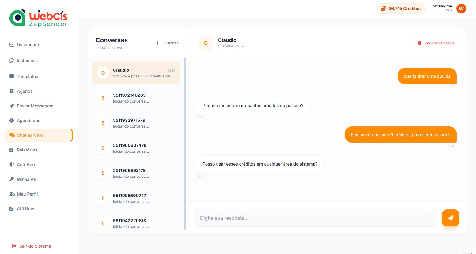 Chat ao vivo com sessões abertas e fechadas