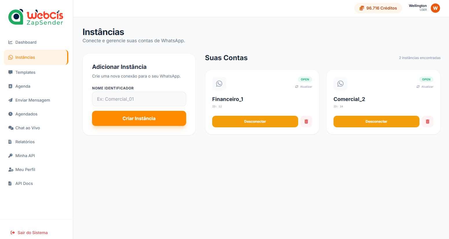 Painel de instâncias com status conectado e desconectado