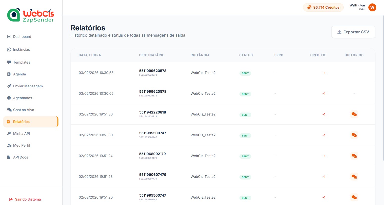 Relatórios de envios com status e erros